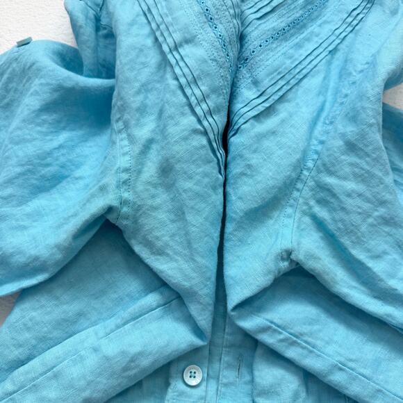 Bohio Blue Linen Button Up Pleated Embroidered Shirt, Size Medium - Picture 5 of 8